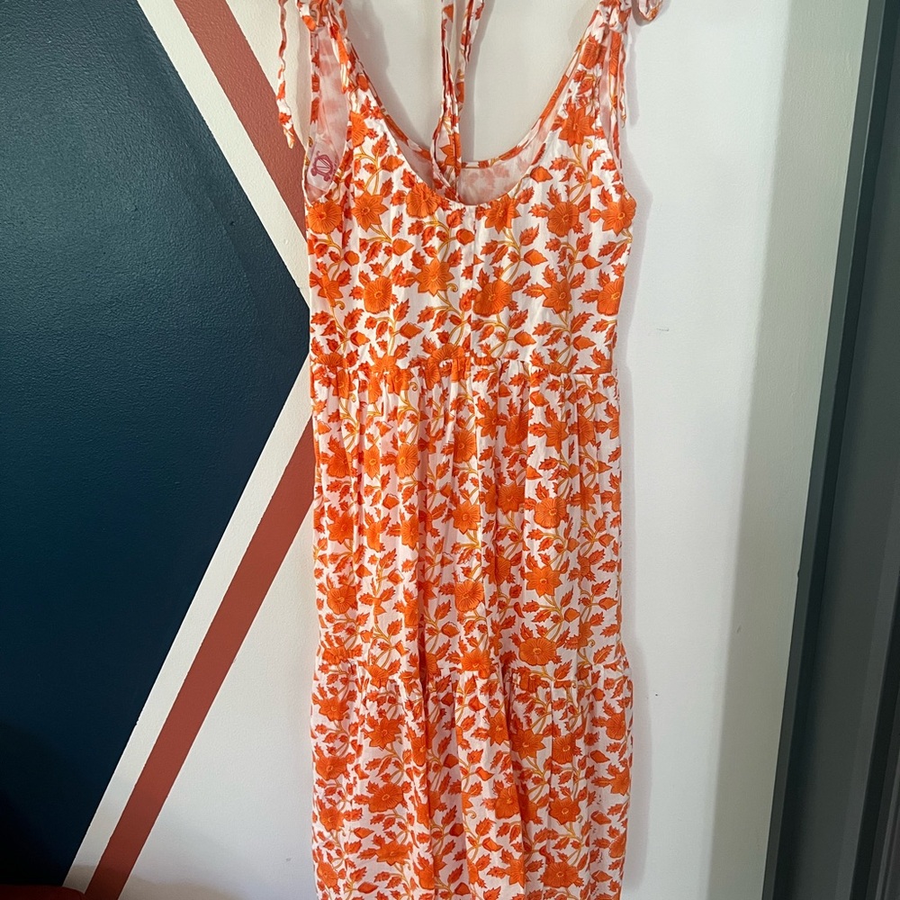 Victoria Dunn Orange Floral Midi Dress with Tie Straps Wedding Guest Dress